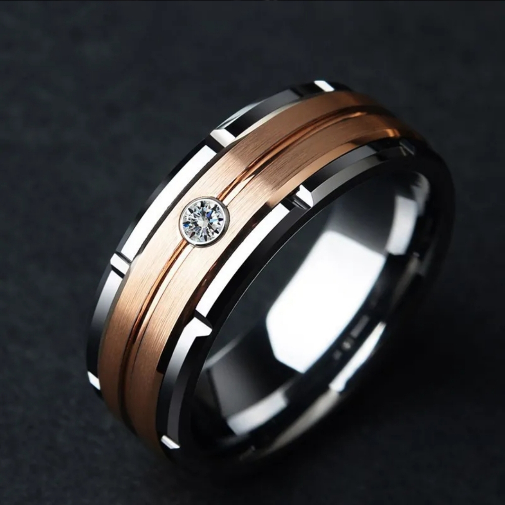Men's Tungsten Wedding Band, Cubic Zirconia Diamond Solitaire Wedding Band Ring. - Picture 5 of 6